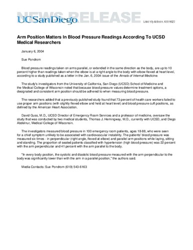Arm Position Matters In Blood Pressure Readings According To UCSD Medical Researchers