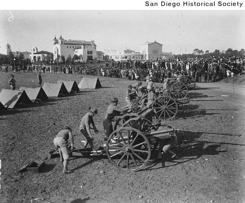Artillery demonstration behind the Spreckels Organ Pavilion during the 1915 Exposition