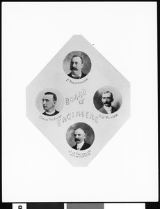 Individual member portraits of members of the Los Angeles Board of Engineers in 1902: F. Rademacher; Owen McAleer; F. J. Fisher; and J. G. Paterson, Boiler Inspector, 1902