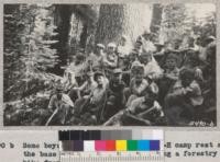 Some boys from the Butte County 4-H camp rest at the base of a big sugar pine during a forestry hike from Buck's Lake Camp. 1932. Metcalf