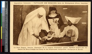 Representation of nuns caring for a leprous man, Madagascar, ca.1900-1930