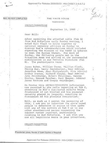 Ronald Reagan (?) letter to William French Smith regarding meeting of national security advisors