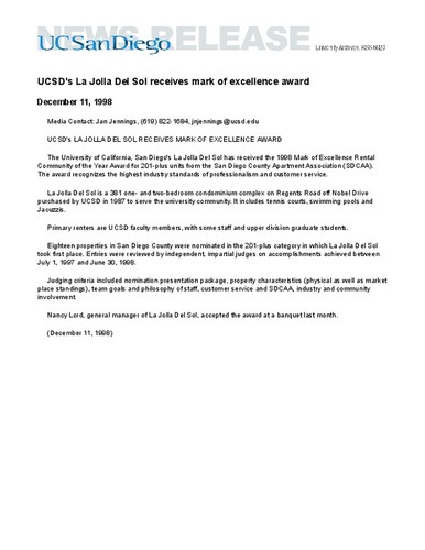 UCSD's La Jolla Del Sol receives mark of excellence award