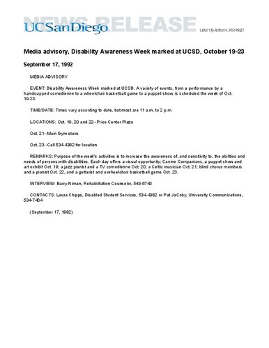 Media advisory, Disability Awareness Week marked at UCSD, October 19-23