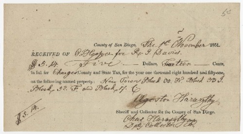 Tax receipt : County of San Diego, to R.G. Davis, 1st November, 1851