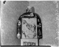 Bizarrely decorated clock which concealed money stolen by accused murderer Fred Stettler, Los Angeles, 1936