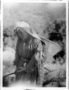Yokut Indian woman carrying a kathak full of fruit, Tule River Reservation near Porterville, California, ca.1900