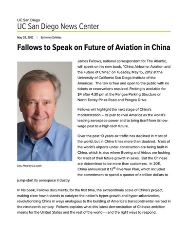 Fallows to Speak on Future of Aviation in China