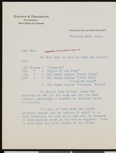 Harper & Brothers, letter, 1916-02-15, to Hamlin Garland
