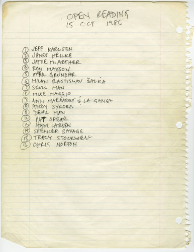 Open Mike Night, Signup Sheet, 15 October 1986