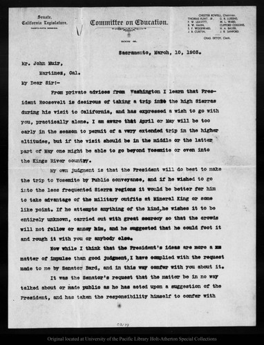 Letter from C[hester] Rowell to John Muir, 1903 Mar 10