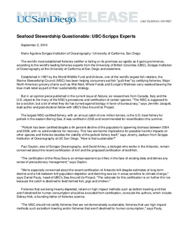 Seafood Stewardship Questionable: UBC-Scripps Experts
