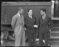 Coach Dixie Howell greets Mexican Consul Ricardo Hill and player Ernesto Navas from University of Mexico football team, Los Angeles, 1935