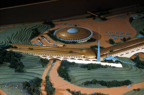 Detail from an early scale model of the Marin County Civic Center designed by Frank Lloyd Wright, San Rafael, California, circa 1958 [photograph]