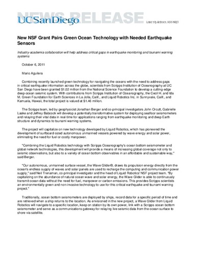 New NSF Grant Pairs Green Ocean Technology with Needed Earthquake Sensors--Industry-academia collaboration will help address critical gaps in earthquake monitoring and tsunami warning systems