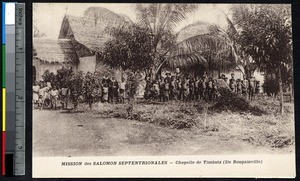 Children in front of the Chapel of Timbutz on Bougainville Island, Papua New Guinea, ca.1900-1930