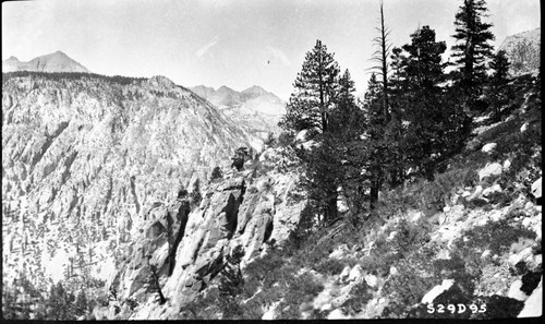 High Sierra Trail Investigation, showing cliffs at mouth of Wallace Creek and route of trail over the top. Trail Routes