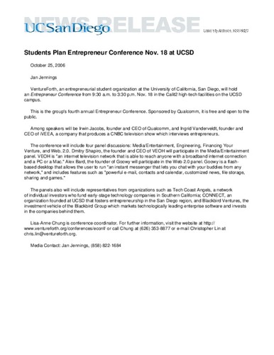 Students Plan Entrepreneur Conference Nov. 18 at UCSD