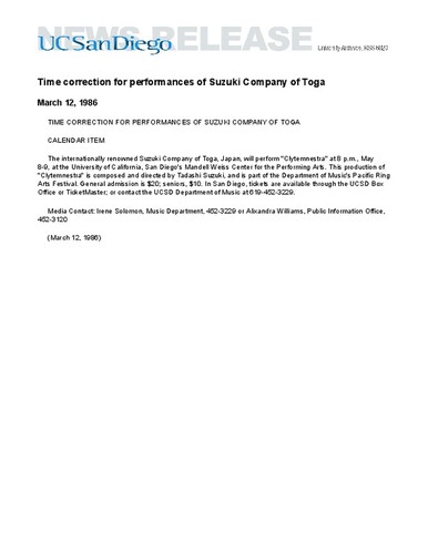 Time correction for performances of Suzuki Company of Toga