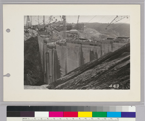 Pardee Dam, General Construction View--Showing upstream face with trash rack for intake to penstocks, at upper part
