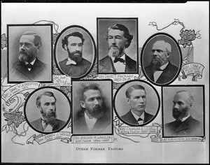 Collage collecting portraits of the early pastors for the First Congregational Church of Los Angeles, ca.1864-1894