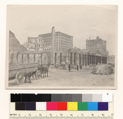 [View of ruins from near Sansome, Sutter and Market Sts. In distance, Mills Building (center) and Merchants' Exchange Building.]