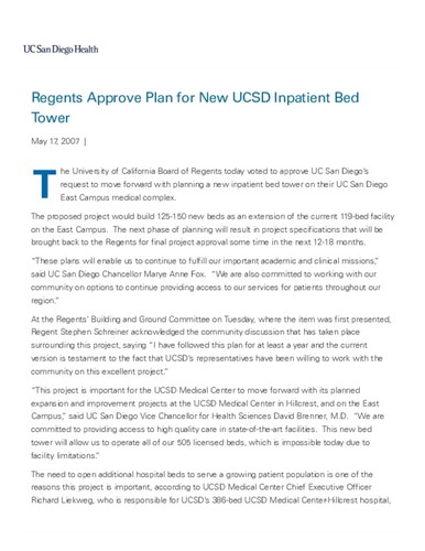 Regents Approve Plan for New UC San Diego Inpatient Bed Tower