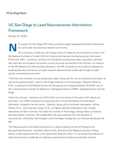 UC San Diego to Lead Neuroscience Information Framework