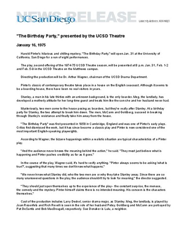 "The Birthday Party," presented by the UCSD Theatre