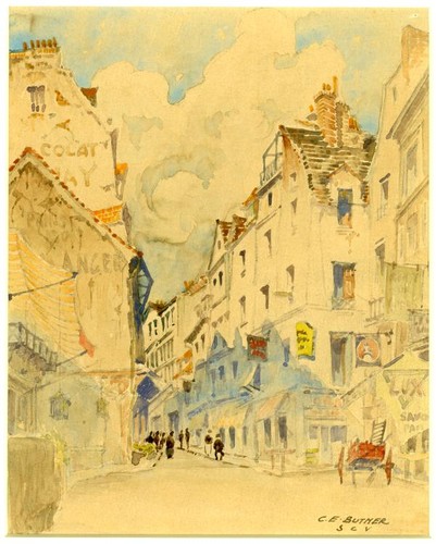 French Street Scene, watercolor on paperboard, c. 1918