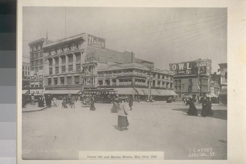 Corner Market & 6th [i.e. Sixth] St., May 23, 1905. Hale Bros. Department Store, left center. [No. 567. Photograph by T.E. Hecht.]