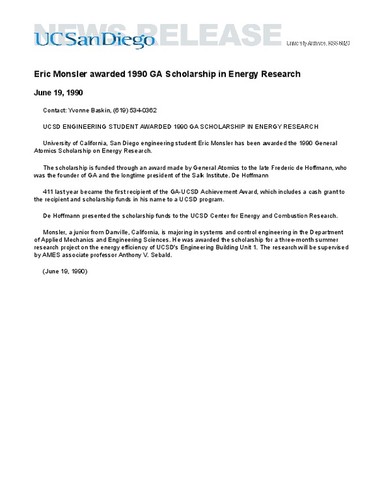 Eric Monsler awarded 1990 GA Scholarship in Energy Research