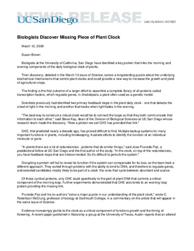 Biologists Discover Missing Piece of Plant Clock