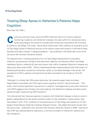 Treating Sleep Apnea in Alzheimer’s Patients Helps Cognition
