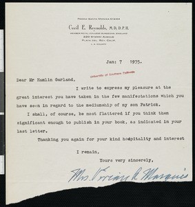 Vivian Marquis, letter, 1935-01-07, to Hamlin Garland