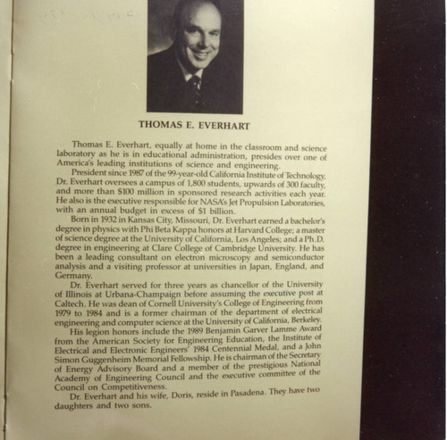 The program opened to the page with the photograph and biographical sketch of Thomas E. Everhart
