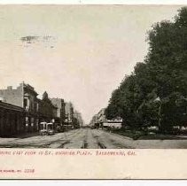 J Street looking east from 10th Street showing Plaza Park, Sacramento