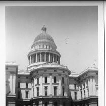 Exterior view of the California State Capitol showing the demolition of the apse or center section to make room for the Annex on the east side of the building