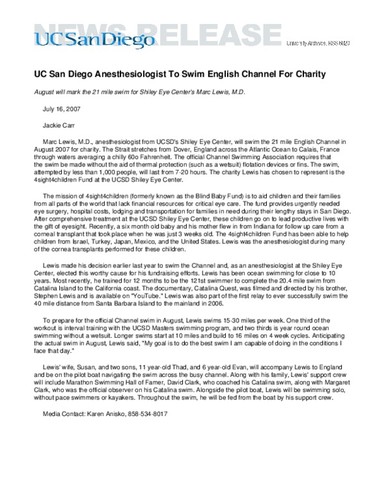 UC San Diego Anesthesiologist To Swim English Channel For Charity--August will mark the 21 mile swim for Shiley Eye Center’s Marc Lewis, M.D