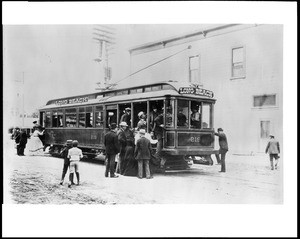 Pacific Electric Railway car in Long Beach on opening day of the Pacific Electric line, July 4, 1902