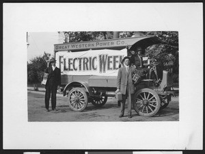 Great Western Power Company truck, showing a banner reading "Electric Week", ca.1910