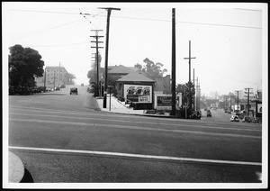 View of Temple Street at the Junction between Flower Street and Figueroa Street, ca.1930-1960