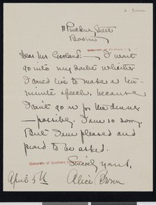 Alice Ives Brown, letter, to Hamlin Garland