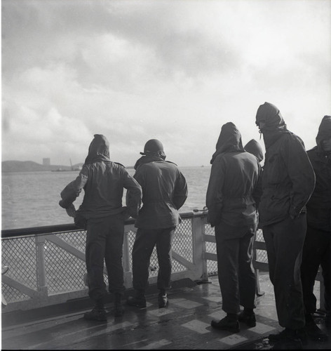 Soldiers on the deck of a harbor boat to San Francisco