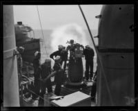Navy sailors create a smoke screen during training maneuvers of the Pacific Fleet, San Pedro, 1920