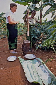 DMS Missionary and Parish Assistant, Gudrun Vest in Bushangaro,Tanzania. The banana leaves are