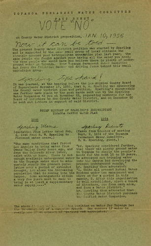 Topanga Permanent Water Committee Fact Sheet dated January 9, 1956 advising a "NO" vote at the January 10, 1956 election to establish the Topanga County Water District