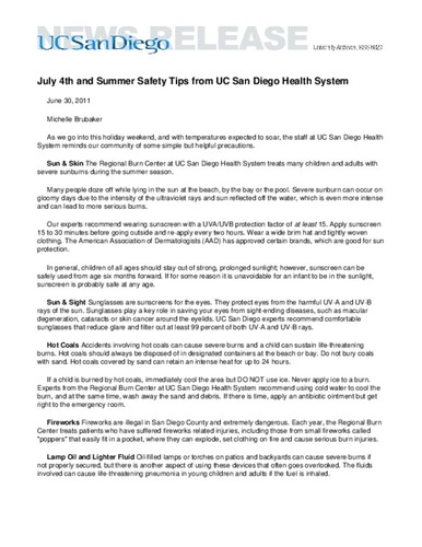 July 4th and Summer Safety Tips from UC San Diego Health System