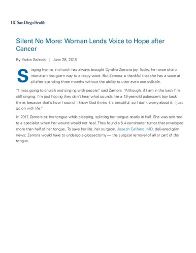 Silent No More: Woman Lends Voice to Hope after Cancer
