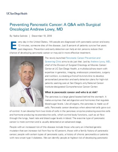 Preventing Pancreatic Cancer: A Q&A with Surgical Oncologist Andrew Lowy, MD